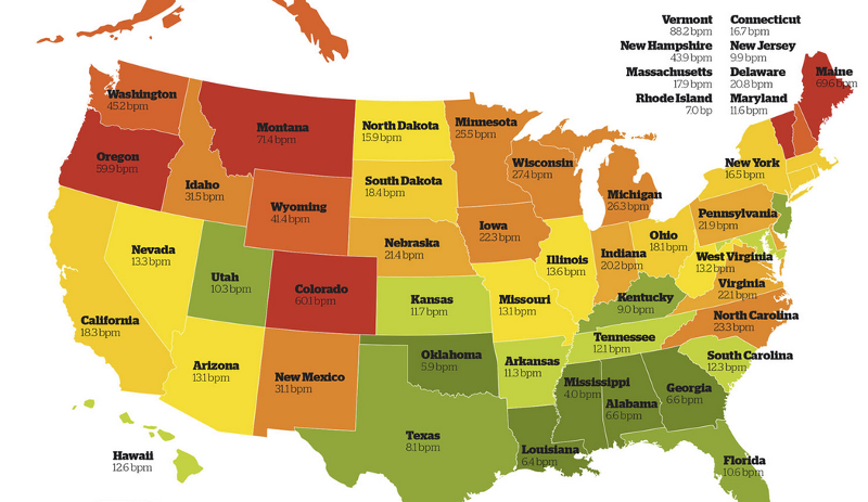 Comparaison avec les États-Unis, première image. On s'apperçoit que les États-Unis ont approximativement autant de brasseries qu'en France