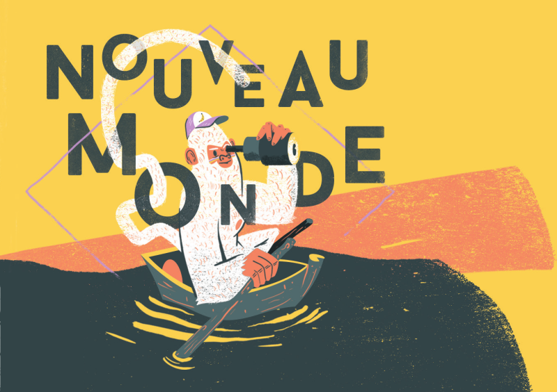 Étiquette de Nouveau Monde. On apperçoit un singe sur un radeau, une longue vue à la main.