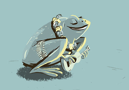 Une grenouille posée sur un nénufar, en train de jouer du yukulélé